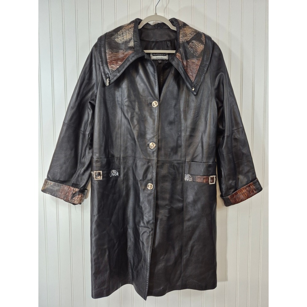 Vintage Kleopatra Black Lambskin 100% Leather Coat Faux Snakeskin Trim Large